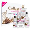 coffret de soins pour la peau au collagène sur le thème de l'escargot. comprend un tonique nettoyant en profondeur, une crème hydratante, un sérum et une crème. l'emballage présente une image d'escargot avec des feuilles et une étiquette « essayez moi ». les produits mettent en valeur les bienfaits du collagène et de l'escargot pour la peau.