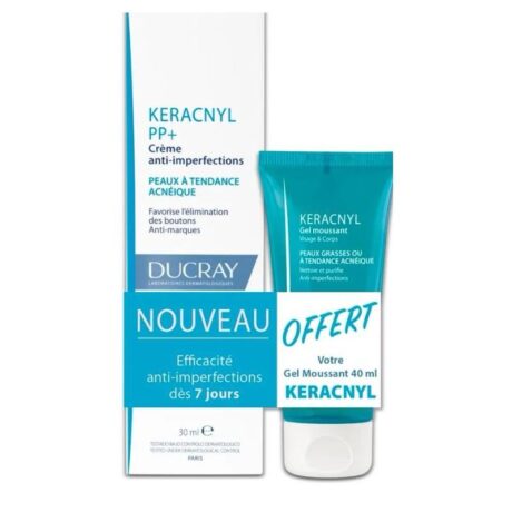 emballage de la crème anti imperfections keracnyl pp+. comprend un tube et une boîte avec un texte en français détaillant les bienfaits du produit pour les peaux grasses à tendance acnéique. un gel moussant gratuit plus petit est visible dans l'ensemble.