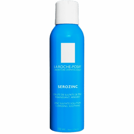 vaporisateur bleu étiqueté « la roche posay serozinc » avec le texte « zinc sulfate solution cleansing, soothing ». contient 150 ml. bouchon blanc et logo de la marque sur le devant.