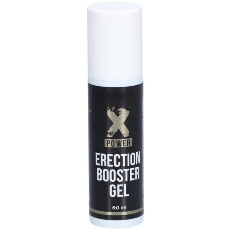un flacon noir et blanc étiqueté « x power erection booster gel » d'une contenance de 60 ml.