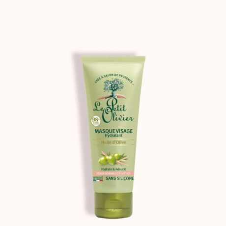 tube de masque visage hydratant à l'huile d'olive le petit olivier sur fond beige. l'emballage vert affiche les détails du produit en français, mettant l'accent sur l'hydratation et la douceur pour les peaux normales à sèches, et précise qu'il est sans silicone.