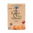 savon rectangulaire le petit olivier dans un emballage beige. le design présente des images de nid d'abeilles et une cuillère à miel. le texte en français le décrit comme "savon extra doux miel", enrichi à l'huile d'olive, pesant 250 g.