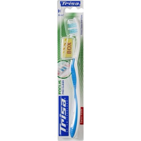 une brosse à dents trisa focus pro clean emballée avec un manche bleu et blanc. l'emballage comprend un revêtement en poils transparent et une étiquette indiquant que le produit est fabriqué en suisse.