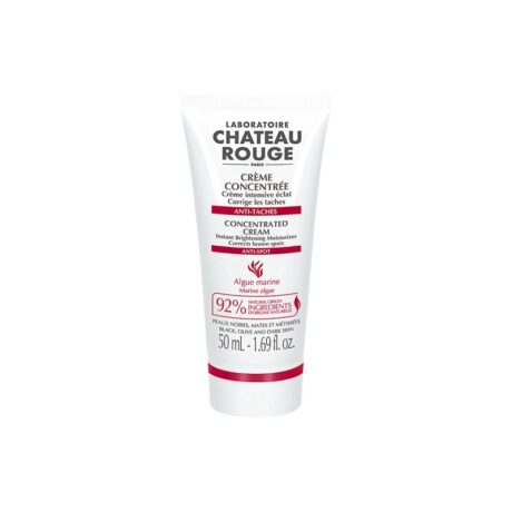 un tube blanc de crème concentrée château rouge avec formule anti taches. le tube contient 50 ml (1,69 fl oz) et présente un texte rouge et noir détaillant les ingrédients et les avantages, notamment « 92 % d'ingrédients d'origine naturelle ».