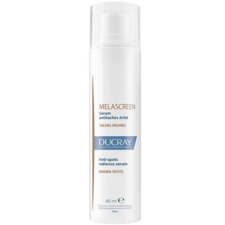 flacon de sérum Éclat anti taches melascreen de ducray pour les taches brunes. le flacon cylindrique blanc est orné d'un texte doré et bleu, soulignant son format de 40 ml et son objectif de traitement des taches brunes.