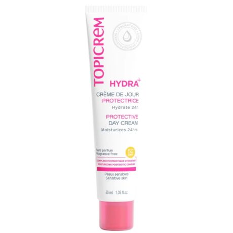 tube blanc de crème de jour protectrice topicrem hydra+ sur fond uni. le tube est orné d'un texte et d'un logo roses, soulignant qu'il est sans parfum, destiné aux peaux sensibles et qu'il offre une hydratation 24 heures sur 24.