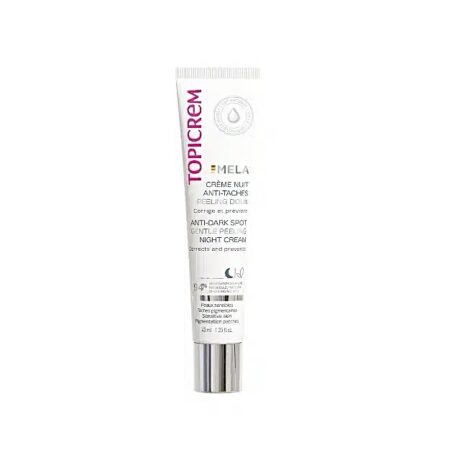 tube de topicrem mela crème de nuit peeling douce anti taches, 35 ml. le tube est blanc avec un texte rose et argenté, comportant les détails du produit et la marque.