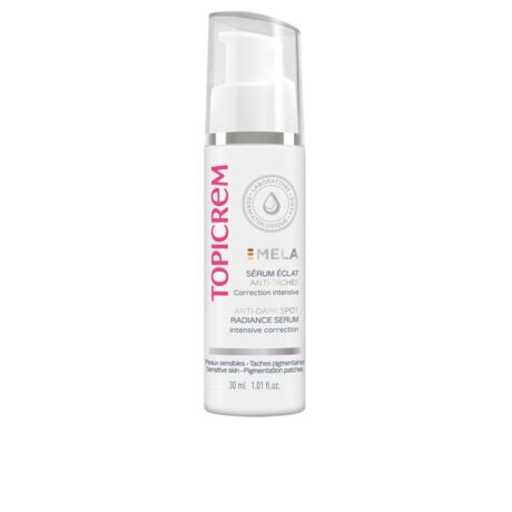 un flacon de topicrem mela radiance serum aux propriétés anti taches et correctrices intensives. le flacon est blanc avec une étiquette rose et noire et possède un distributeur à pompe. contient 30 ml ou 1,01 fl. oz.