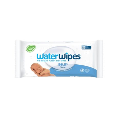 emballage des lingettes pour bébé waterwipes, orné d'une image de bébé et du texte « 99,9 % d'eau ». l'emballage est principalement blanc avec des touches de bleu, soulignant la pureté de l'emballage.