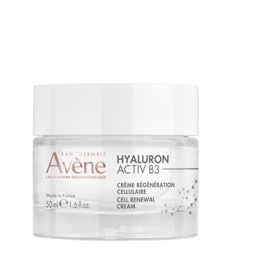 pot de crème avène hyaluron activ b3 régénération cellulaire avec couvercle transparent. l'étiquette détaille le produit, notamment son volume de 50 ml (1,6 fl oz), et souligne ses bienfaits sur la régénération cellulaire. fabriqué en france.