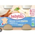 emballage de babybio brassé poire cannelle, un aliment pour bébé français à base de lait de vache, de poire et de cannelle, comportant une carte de france, une illustration de poire et des informations nutritionnelles en français.