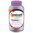 un flacon de centrum silver women 50+, un complément multivitaminé/multiminéral, doté d'un bouchon violet et d'une étiquette colorée. ce flacon contient 275 comprimés et contribue à la santé du cœur, du cerveau, des yeux et des os.