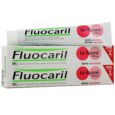 une boîte et un tube de dentifrice fluocaril sont présentés. l'emballage met en avant une offre spéciale pour les dents sensibles, avec un texte en français et en espagnol. la boîte et le tube présentent un fond blanc avec des touches de vert et de rouge.