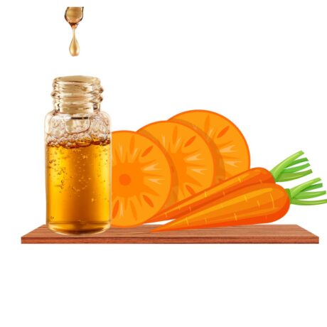 un pot de miel avec une goutte qui tombe, à côté d'oranges tranchées et de carottes entières sur une surface en bois sur un fond blanc.