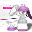 un tire lait manuel avec une poignée violette et un biberon transparent est présenté devant son emballage. une tétine et un bouchon sont placés à côté du tire lait. l'emballage présente les informations produit et la marque.