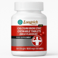 une bouteille blanche étiquetée « comprimés à croquer longrich calcium/fer/zinc (saveur lait) » avec un design rouge et blanc, affichant une icône de bras musclé et le texte « complément alimentaire » et « poids net : 1000 mg x 100 comprimés.