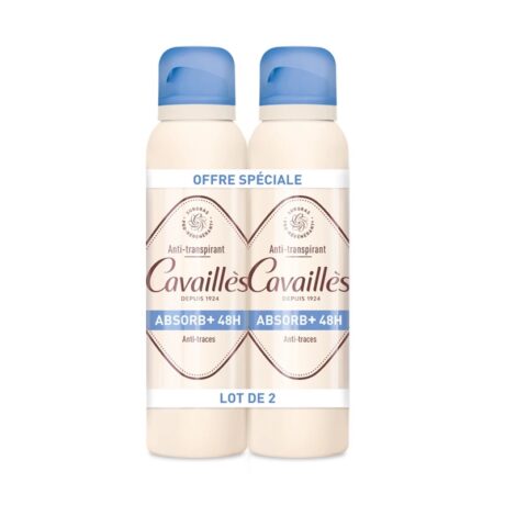 deux flacons de spray anti transpirant cavaillès, avec bouchon bleu. l'étiquette porte la mention « absorb+ 48h anti traces ». l'emballage mentionne « offre spéciale » et « lot de 2 ».