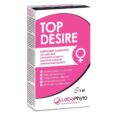 une boîte blanche et rose étiquetée "top desire" avec un symbole féminin, contenant 60 capsules de complément alimentaire à base de plantes et de vitamines de labophyo, visant à améliorer le plaisir sexuel.