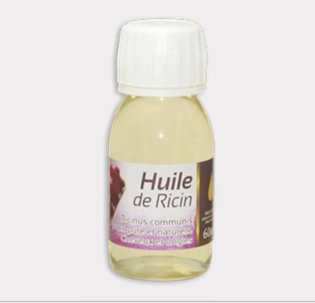 petit flacon d'huile de ricin étiqueté « huile de ricin », avec un bouchon blanc et une étiquette mentionnant « ricinus communis », soulignant la pureté et les qualités naturelles de l'huile. contient 60 ml.