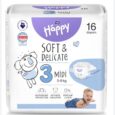 paquet de couches bella happy soft & delicate midi, taille 3, pour bébés de 5 à 9 kg. le paquet contient 16 couches et présente un koala, une photo de bébé, des icônes pour la protection du microbiome et un indicateur d'humidité.
