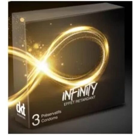 une boîte noire de préservatifs infinity, ornée d'un symbole infini doré et de l'inscription « infinity effet retardant ». la boîte contient 3 préservatifs et arbore le logo dkt dans un coin.
