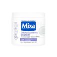 un pot blanc de mixa crème panthénol confort aux accents bleus et violets, étiqueté pour les peaux très sèches et sensibles, avec des pictogrammes pour le visage, le corps et les mains. la crème contient de la glycérine, des omégas 6 et 9 et du panthénol.