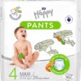 un bébé souriant tient une carotte à côté de lapins de dessin animé tenant des carottes. l'emballage porte l'inscription « happy pants » pour 8 à 14 kg, taille maxi 4, 24 pièces, avec des caractéristiques comme « facile à enfiler et à retirer » et une coupe semblable à celle d'un sous vêtement.