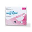 paquet de tampons absorbants sabanindas classic, taille 60x90 cm, contenant 25 unités. l'emballage est principalement blanc et rose, avec des détails sur le produit et une image de la serviette sur le devant.