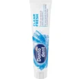 un tube blanc de dentifrice dontodent clear fresh avec des accents bleus, des graphiques d'éclaboussures d'eau et un texte allemand décrivant ses bienfaits pour une haleine fraîche et un nettoyage efficace.