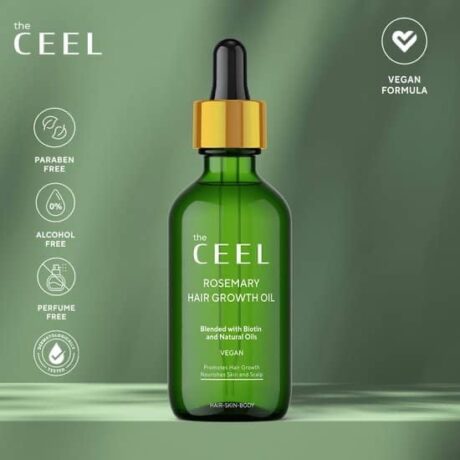 un flacon compte gouttes en verre vert, étiqueté « huile de croissance capillaire au romarin ceel », avec un bouchon doré, sur fond vert. des pictogrammes indiquent qu'il est vegan, sans parabène, sans alcool et sans parfum.