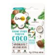 un baume à lèvres lovea à la noix de coco emballé avec des images de noix de coco et de feuilles de palmier sur un fond blanc. l'emballage comporte un texte en français mettant l'accent sur l'hydratation des lèvres sèches et affiche un poids net de 4 g (0,14 oz).