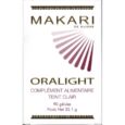 emballage du complément alimentaire makari oralight. la boîte est blanche avec un texte en or et présente des rayons roses et violets sur le devant. le texte indique que le produit contient 90 gélules et qu'il est destiné aux personnes au teint clair.