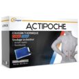 boîte de coussins thermiques actipoche de cooper pour la thérapie par le chaud et le froid. l'emballage montre une personne se tenant le bas du dos et une image de la poche de gel bleue. le texte souligne le soulagement de la douleur, la rapidité d'action et la possibilité de réutilisation.