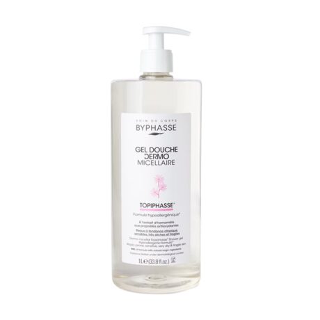 un flacon pompe transparent de byphasse gel douche dermo micellaire, format 1 litre, avec une étiquette blanche et rose et un distributeur à pompe blanc. le flacon contient un gel douche liquide transparent.