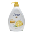 une bouteille de 1 litre de nettoyant corporel dove go fresh energize avec une pompe jaune, avec une image de pamplemousse et de citronnelle sur l'étiquette. l'emballage met l'accent sur l'hydratation des noix et le parfum énergisant.