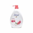un flacon de 1 litre de gel douche dove go fresh revive avec une pompe rose, avec des illustrations de grenade et de verveine citronnée sur le flacon blanc.