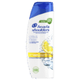 une bouteille de shampooing antipelliculaire head & shoulders citrus fresh avec des images de tranches de citron et de bulles sur l'étiquette, avec des couleurs bleues et vertes.