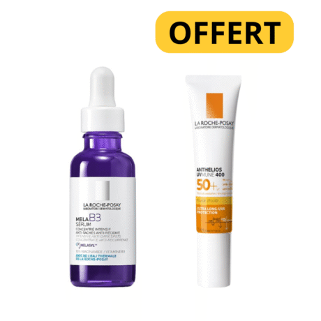 un flacon compte gouttes violet du sérum mela b3 de la roche posay et un tube blanc de la crème solaire anthelios uvmune 400 spf 50+ de la roche posay, avec la mention "offert" surlignée dans un encadré jaune.