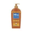 un flacon pompe de 400 ml de lait corporel mixa intensif peaux sèches pour peaux sèches, contenant du beurre de karité, dans un contenant brun avec des étiquettes bleues, blanches et orange en français.