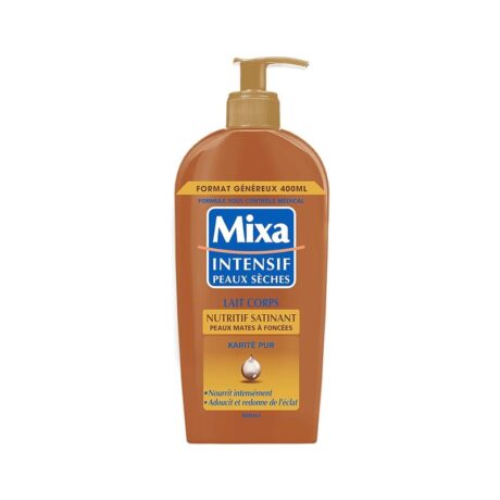 un flacon pompe de 400 ml de lait corporel mixa intensif peaux sèches pour peaux sèches, contenant du beurre de karité, dans un contenant brun avec des étiquettes bleues, blanches et orange en français.