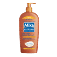 flacon brun et orange du lait corporel mixa intensif pour peaux sèches, doté d'un distributeur à pompe et étiqueté pour les peaux plus foncées, enrichi en beurres d'origine naturelle, format 400ml.