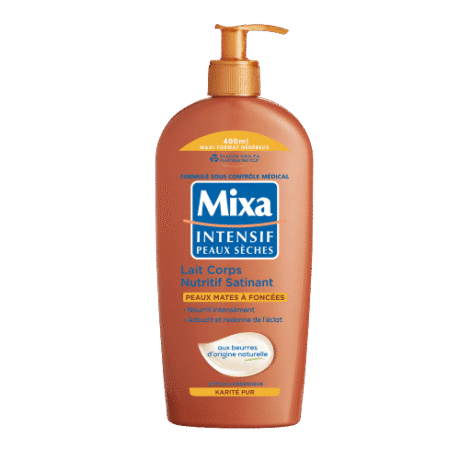flacon brun et orange du lait corporel mixa intensif pour peaux sèches, doté d'un distributeur à pompe et étiqueté pour les peaux plus foncées, enrichi en beurres d'origine naturelle, format 400ml.