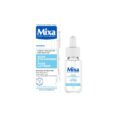 un flacon muni d'un compte gouttes étiqueté "mixa acide hyaluronique & acide lactique" se trouve à côté de sa boîte, qui met en avant sa formule de sérum hydratant pour les peaux sensibles. l'emballage est principalement blanc avec des accents bleus.