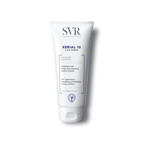 tube blanc de lait corporel svr xerial 10 lait corps, avec texte bleu et noir et bouchon à charnière, se tenant debout sur un fond blanc uni.