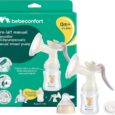 une boîte de tire lait manuel bebeconfort avec deux unités de pompage transparentes, chacune attachée à un biberon avec un graphique d'ours. l'emballage présente des caractéristiques en plusieurs langues et une tétine supplémentaire pour le biberon. convient pour les 0+ mois.
