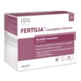 une boîte de fertilia conception homme, un complément alimentaire pour la fertilité masculine, avec un motif blanc et violet et un texte en français décrivant ses avantages et ses ingrédients, notamment la l carnitine et la coenzyme q10.