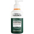 un flacon pompe blanc et vert de l'oréal men expert derma control gel limpiador purificante, étiqueté pour les peaux grasses sujettes à l'acné, contenant 2% d'acide salicylique et du niacinamide.
