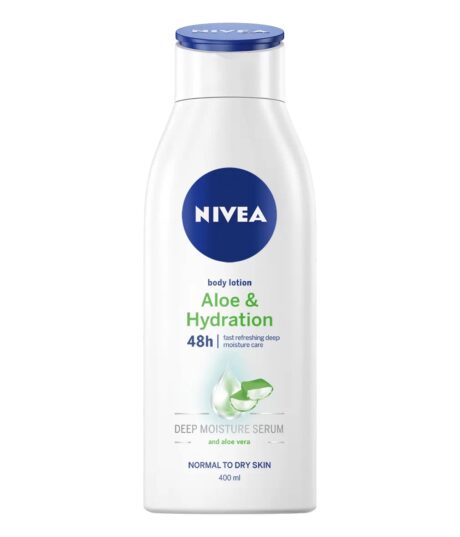 un flacon blanc de 400 ml de lait corporel nivea étiqueté "aloe & hydration 48h" pour les peaux normales à sèches, avec une illustration d'aloe vera et un bouchon bleu.