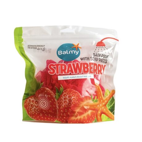 balmy pouf de bain avec savon fraise